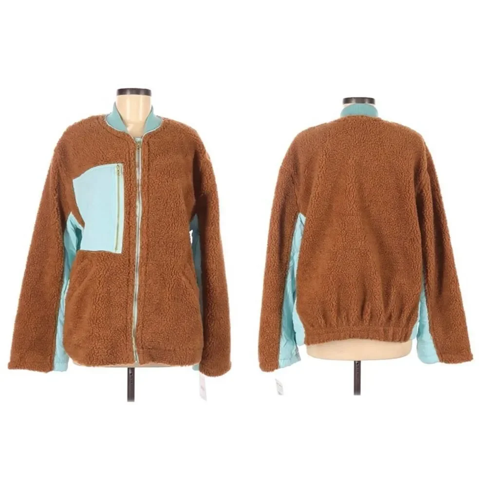 FREE PEOPLE We The Free Brown Sherpa Jacket with Aqua Trim - Size M - Picture 3 of 8